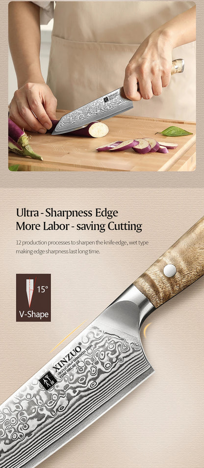 XINZUO 5.8 Inches Bunka Knife 67 Layers Damascus Steel Stainless Steel Ergonomically Designed Handle With Delicate Gift Box