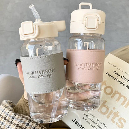 【LM】500ml Portable Water Bottle with Straw Creative Cute Leak-proof Plastic Drinking Bottle Milk Coffee Tea Juice Cup Drinkware