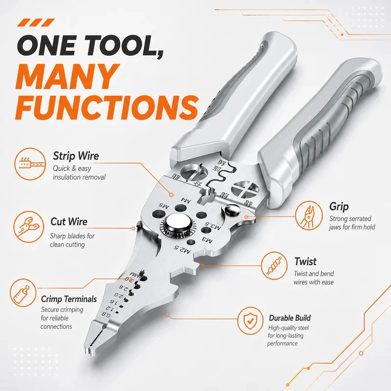 Ergonomic Grip Stainless Steel Electric Plier 8.5" Multi-purpose Wire Stripping Cutting Crimping Hand Tool