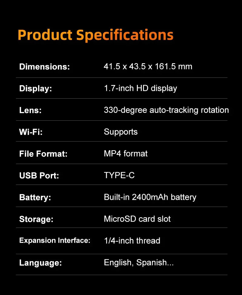 4K Vlog Action Camera 330° Face Tracking 18x Zoom 2400mAh Battery Gimbal Stabilizer 1.72 Inch Touch Screen WiFi Sports Cam