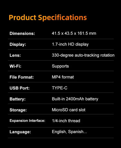 4K Vlog Action Camera 330° Face Tracking 18x Zoom 2400mAh Battery Gimbal Stabilizer 1.72 Inch Touch Screen WiFi Sports Cam