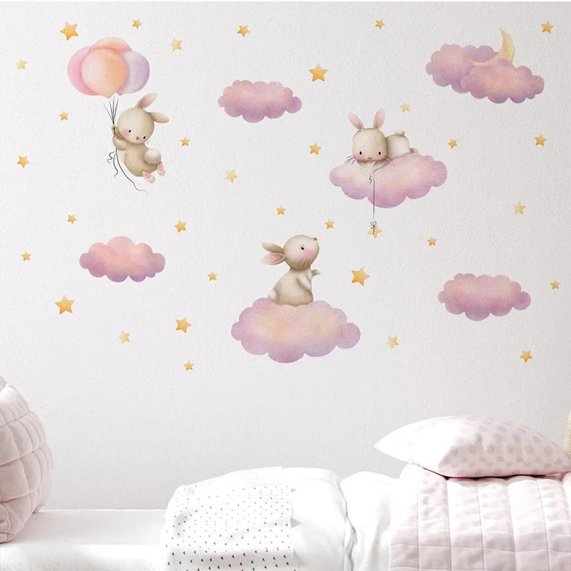 Cartoon Cute Rabbit Balloon Animal Wall Stickers Removable for Kids Room Living Room Nursery Background Decoration Wall Decals