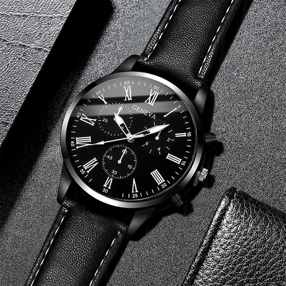 3PCS Fashion Men Business Watches Set Trend Versatile Retro Leather Strap Round Dial Quartz Watch Reloj Hombre（Without Box）