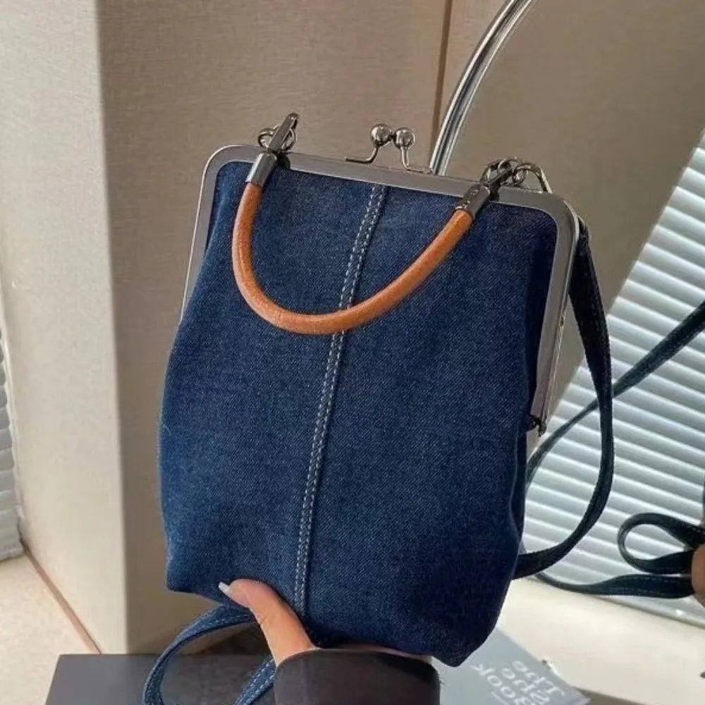 New Vintage Style Women Handbag Fashionable Navy Blue Designer Shoulder Bag Versatile Lady‘s Denim Purses Crossbody Bags