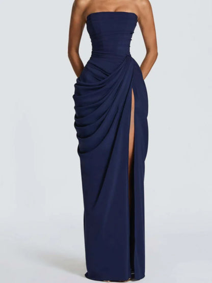 Lady Sexy Strapless Split Solid Pleated Dress Women Chic Backless High Waist Off-shoulder Dresses 2026 New Evening Party Gowns