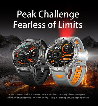 Smartwatch LIGE 2026 wojskowy, bateria 1400mAh, dla mężczyzn, latarka zewnętrzna, wodoodporność IP68, pulsometr, połączenia Bluetooth, bransoletka sportowa