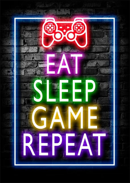 Gaming Neon Eat Sleep Game Repeat  Canvas Posters Gamer Room Decor Canvas Print Art for Home Esports Bedroom Decor Gift Painting