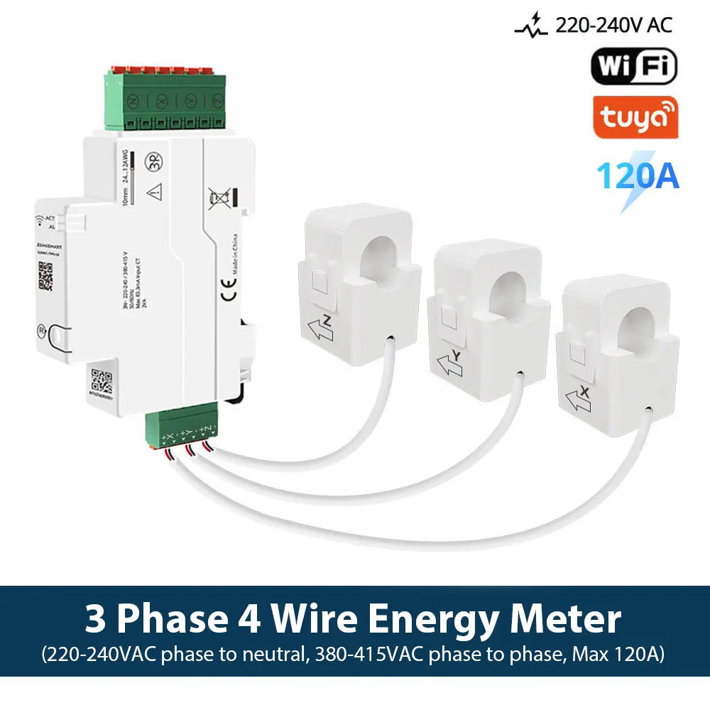 Zemismart 120A Zigbee WiFi 3 Phase Energy Meter Smart Din-rail Power Monitor Withdrawable Split-core CTs Works with Tuya App