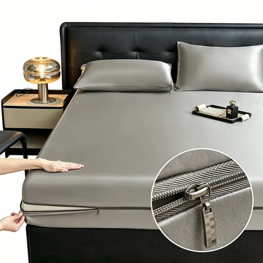 6-Sided Zipper Mattress Encasement Luxury Cooling Satin Dustproof Mattress Protector, Full All Around Deep Pocket Mattress Cover