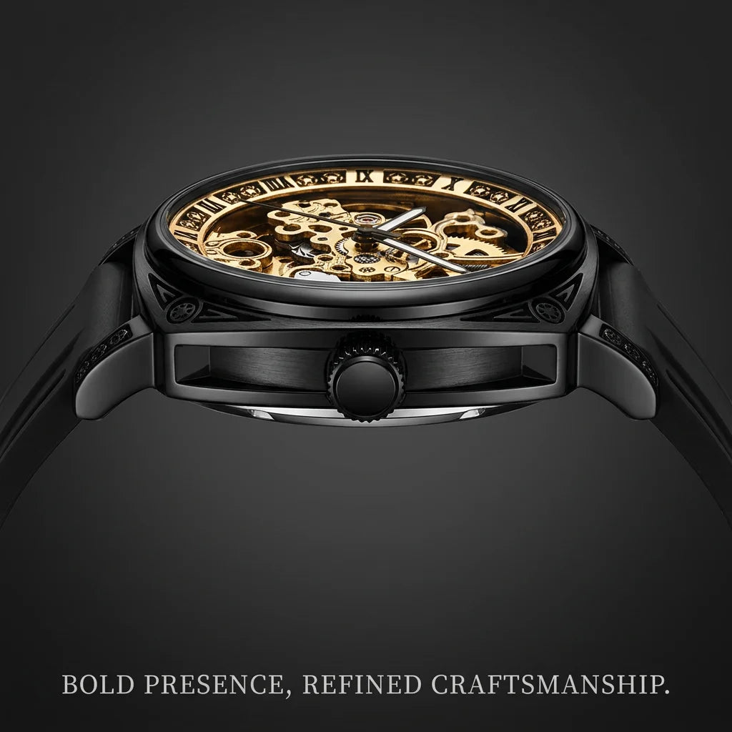 1pcs Men's gold dial silicone strap vintage fashion skeleton gear luxury details Mechanical Watch for daily business party holid