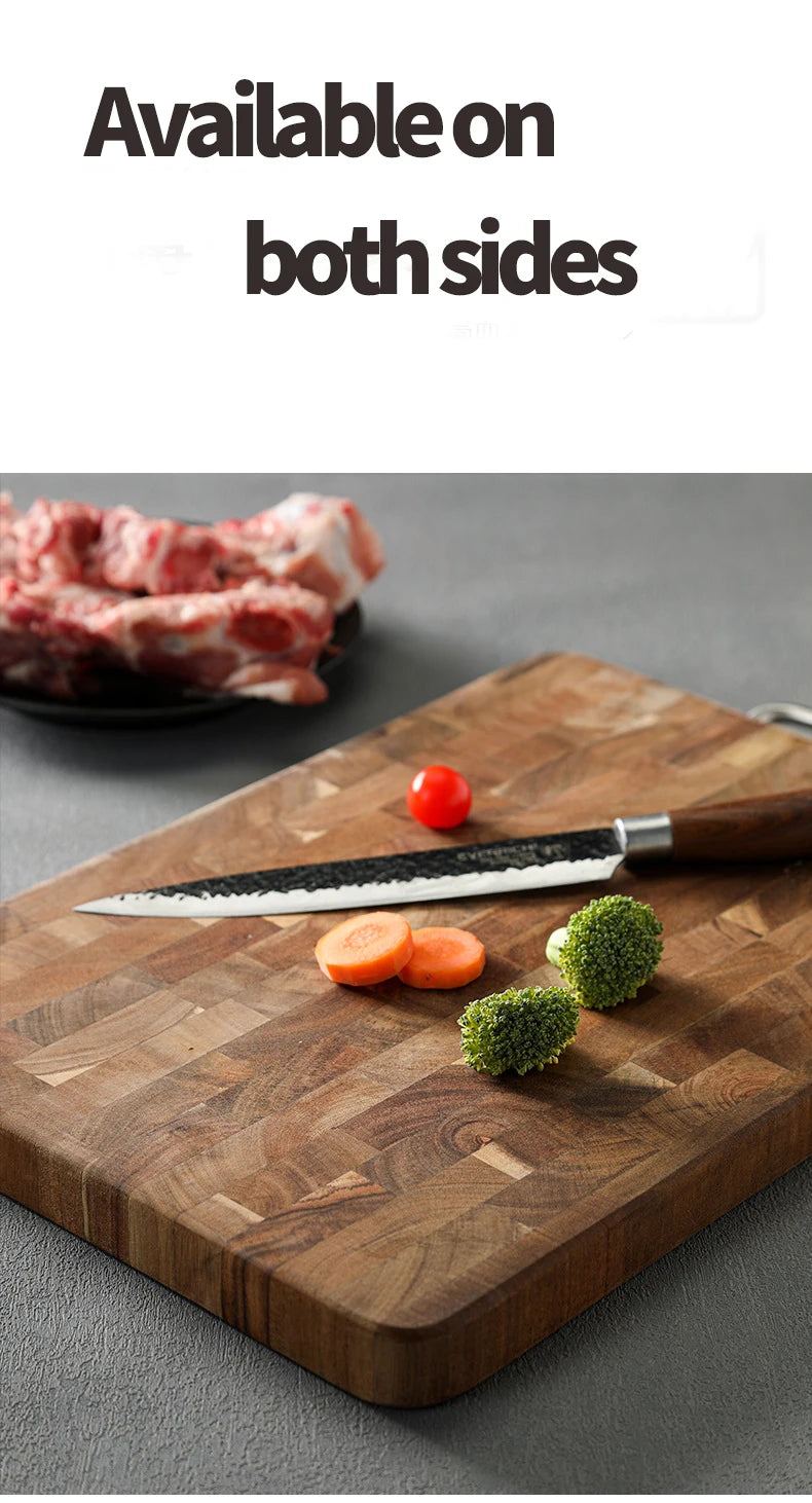Large Acacia Wood Cutting Board, Checkerboard End Grain Butcher Block, Thick Reversible Wooden Chopping Board with Metal Handle