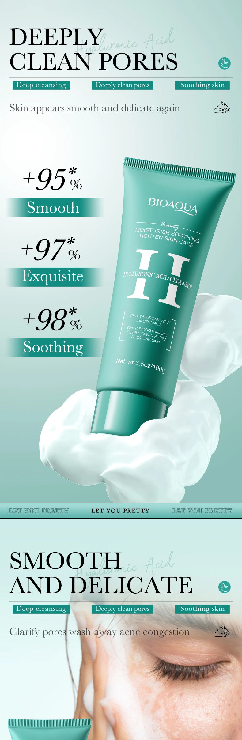 BIOAQUA Hyaluronic Acid Facial Cleanser Anti-aging Face Wash Foam Deep Moisturizing Pore Cleansing Daily Skin Care