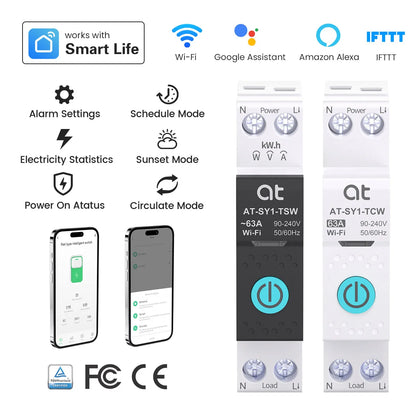 TUYA WIFI Smart Circuit Breaker Power Metering 63A 1P  DIN Rail for Smart Home wireless Remote Control Smart Switch by APP ATELE