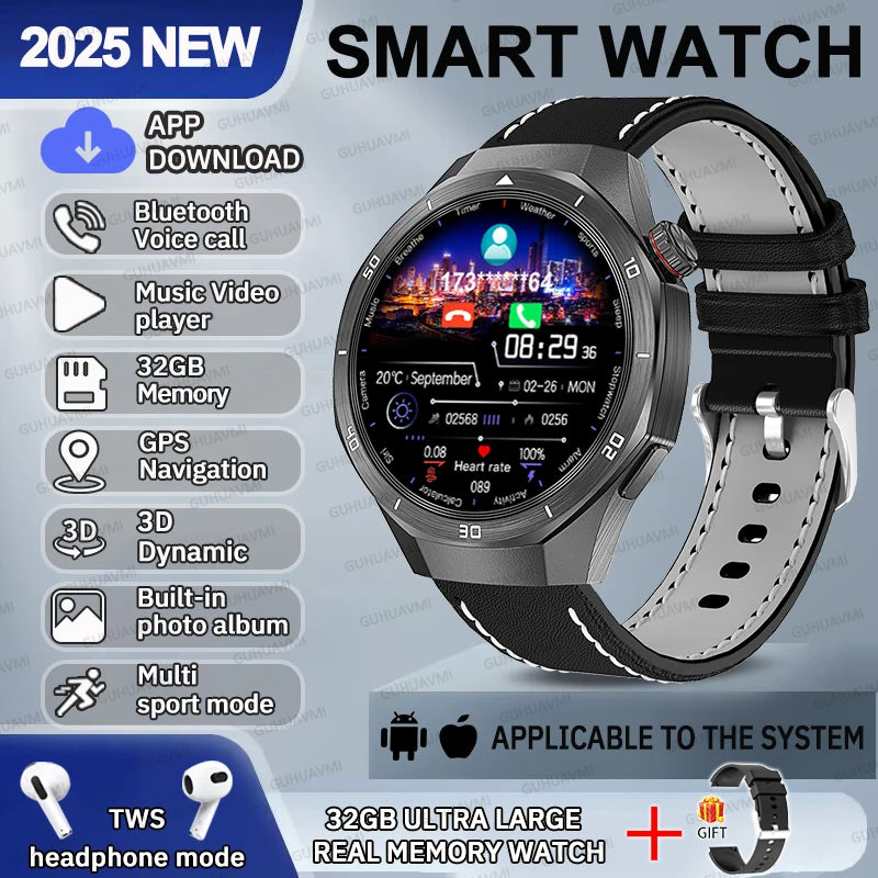 2025 NEW Fashion Men 32GB Big Memory SmartWatch APP Download TWS 3D Menu GPS Navigation Video Play Motion HD Call Watch GUHUAVMI
