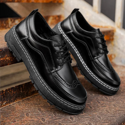 Men Brogue Platform Leather Oxford Shoes Lace Up Thick Sole Business Casual Formal Dress Footwear Black