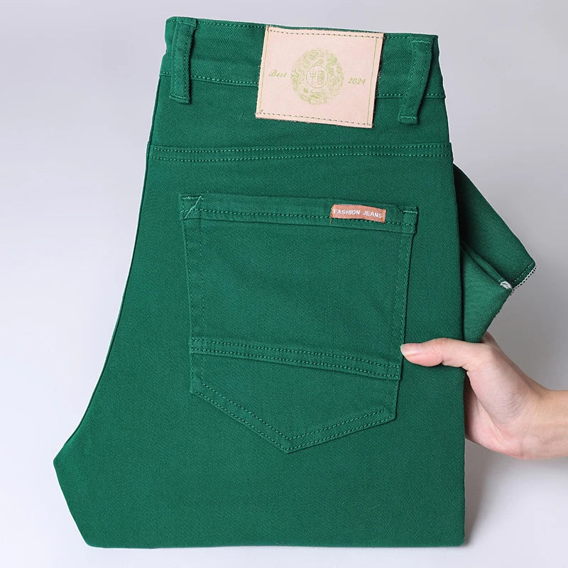 Men Classic Solid Color Fashion Jeans Business Casual Slim Fit Straight Elastic Pants Spring/Summer Thin Male High End Trousers