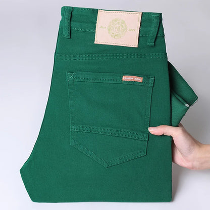 Men Classic Solid Color Fashion Jeans Business Casual Slim Fit Straight Elastic Pants Spring/Summer Thin Male High End Trousers