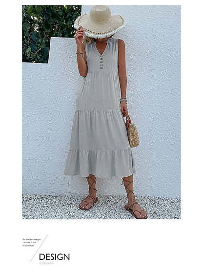 Casual Summer Midi Dress Women Sleeveless Tank V Neck Buttons Ruffle Loose Dresses Beach Soild Sundress Fashion
