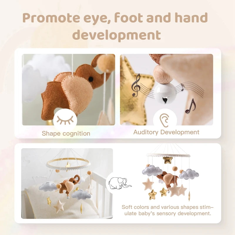 Baby Mobile Crib Bed Bell Musical Rattles Toys Soft Felt Cartoon Animal for Infants Nursery Mobiles Forest Animals Crib Toys