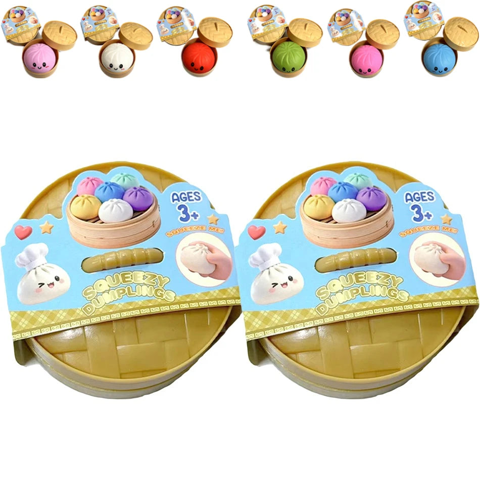Colorful Dumpling Squishes Stress Balls Fidget Sensory Toys Simulation Food Squishies Bun with Steamer Squeeze Dough Ball Gifts