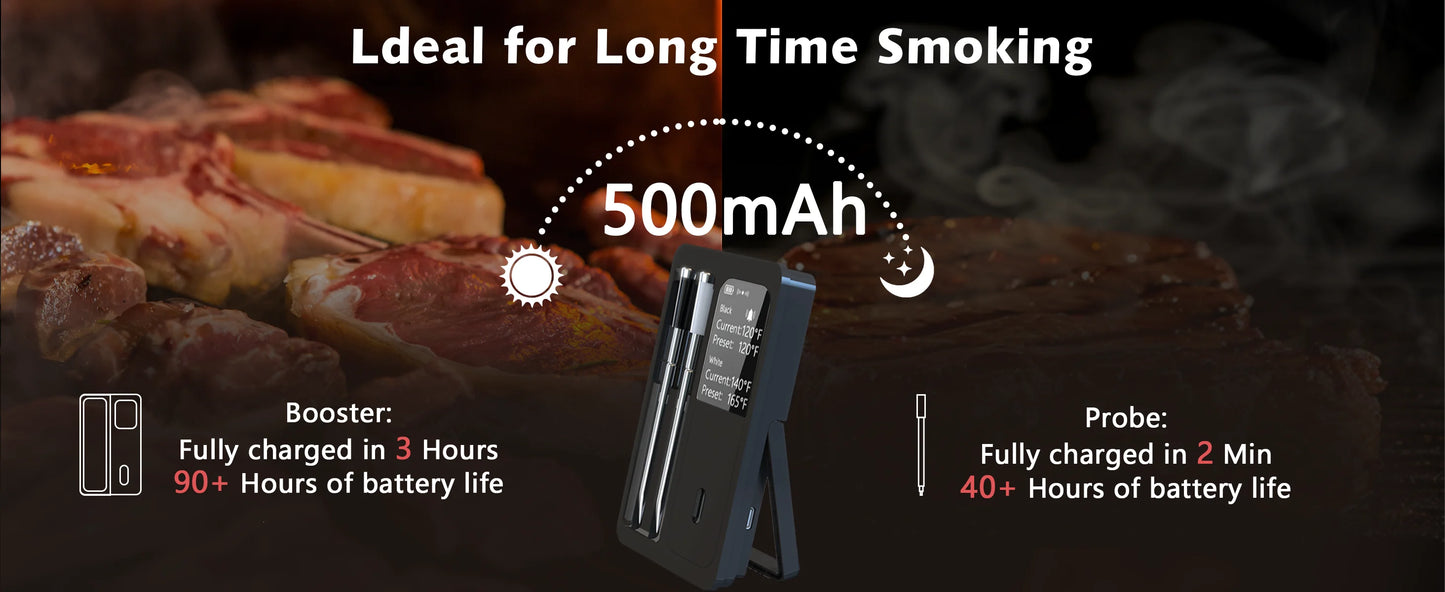 Wireless Bluetooth Meat Thermometer IP67 Waterproof Probes with LCD Screen Booster Rechargeable for Grilling Smoker BBQ Oven