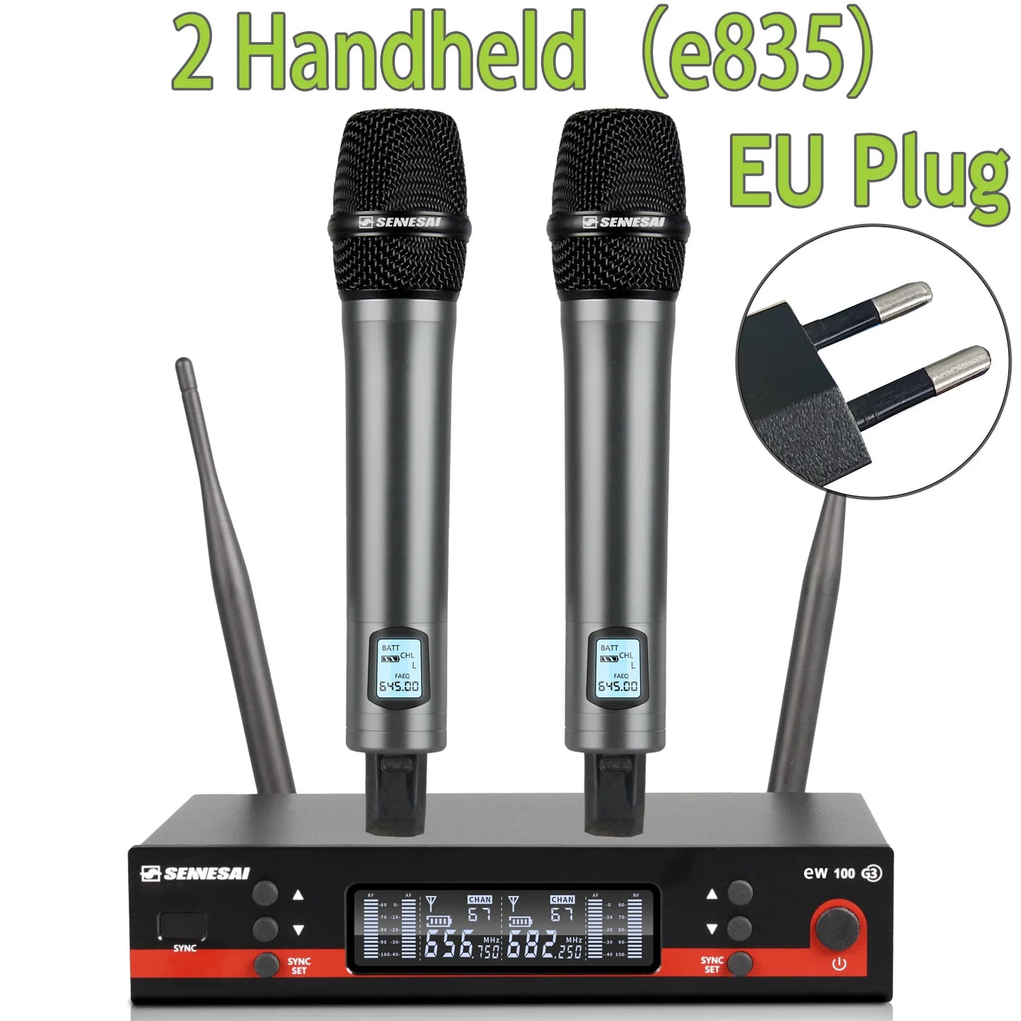 SENNESAI Ew100g3 Professional Dual Wireless Microphone Stage Performance 2 Channels 600-699MHz UHF Karaoke Metal Handheld