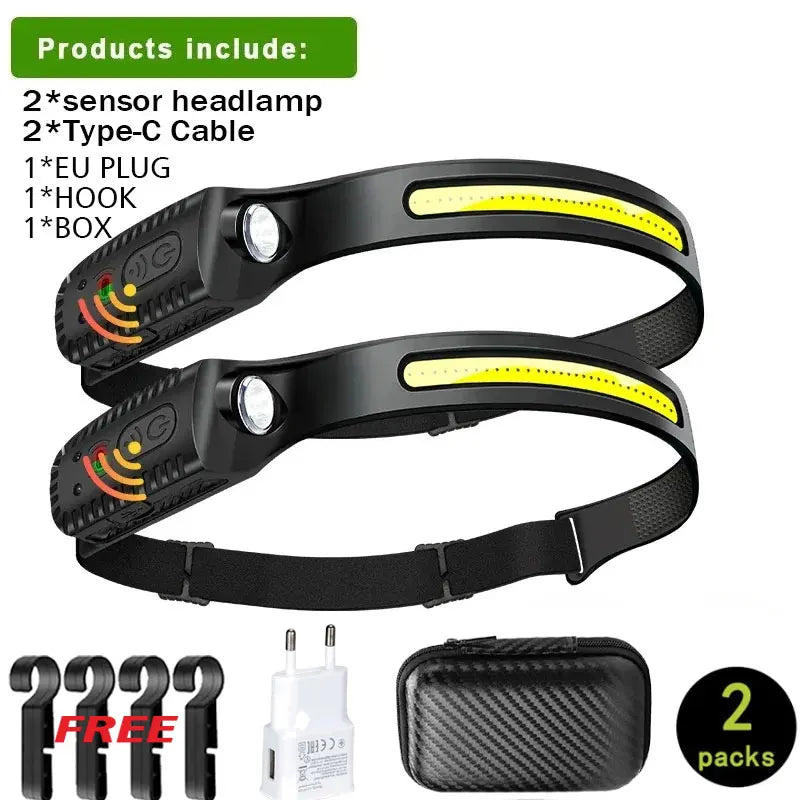 COB LED Headlamp Induction Head Lamp Built-in Battery USB Rechargeable Head Flashlight Outdoor Camping Fishing Sensor Headlight