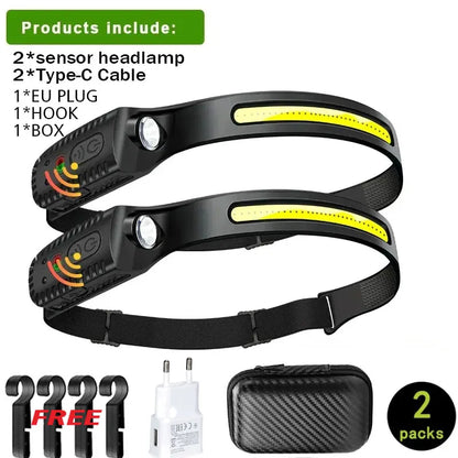 COB LED Headlamp Induction Head Lamp Built-in Battery USB Rechargeable Head Flashlight Outdoor Camping Fishing Sensor Headlight