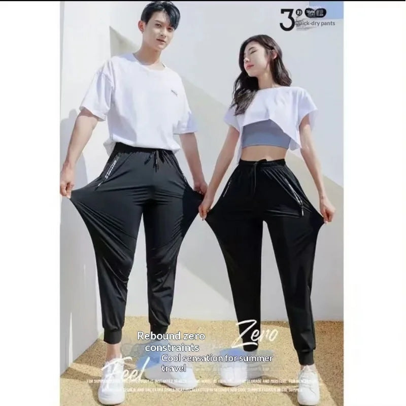 Men's Ice Silk Casual Pants Summer Quick Dry Lightweight Joggers with Zipper Pockets Elastic Waist Sports Trousers for Running F