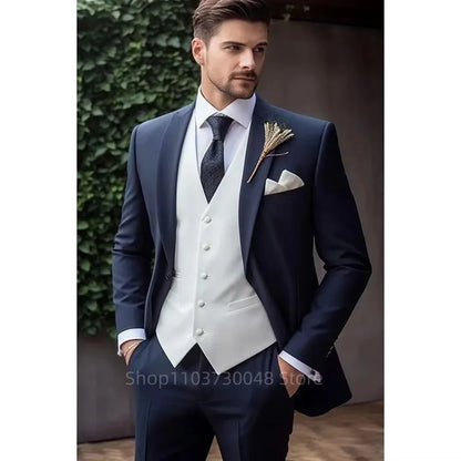 Luxury Solid 3-Piece Men's Tuxedo Suits Slim Fit Peak Lapel Blazer Vest And Pants Set for Prom Wedding Business Men Clothes