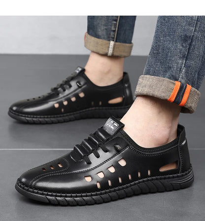 Men's Comfortable Breathable Business Hollow Loafers Slip-On Soft Bottom Sandals Easy Wear Hole Hole Shoes-HT2273