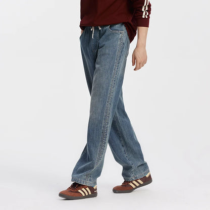Semir Men Jeans Retro Wide Straight Side Stripe Elastic Waist 2026 Autumn Soft Denim Pants Casual Street Style Daily Wear