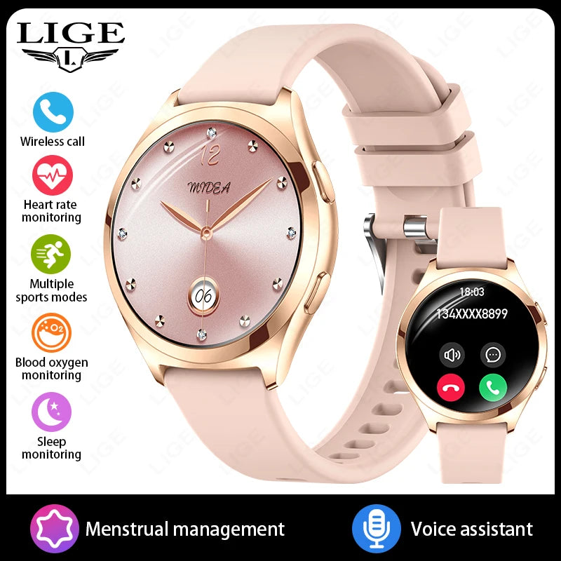 LIGE Luxury Smart Watch For Woman 1.27" Bluetooth Call Custom Dial Women's Bracelet Sports Health Monitor Smartwatch Ladies Gift