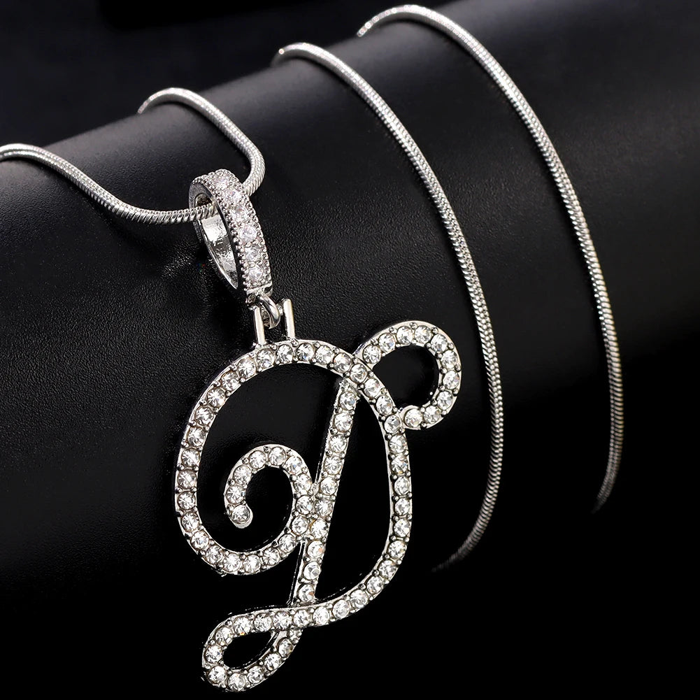 Fashion 26 Cursive Initial Letter Zircon Pendant Necklace For Women Shiny Crystal Alphabet Rope Chain Necklace Hip Hop Jewelry