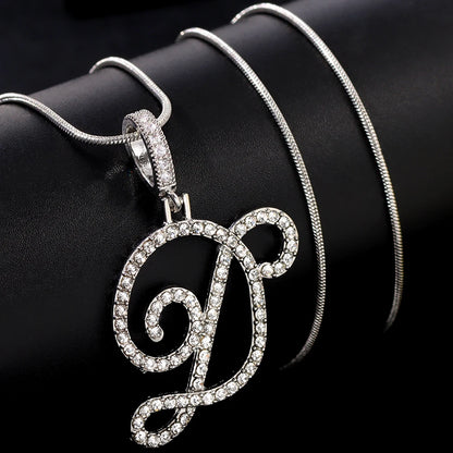 Fashion 26 Cursive Initial Letter Zircon Pendant Necklace For Women Shiny Crystal Alphabet Rope Chain Necklace Hip Hop Jewelry