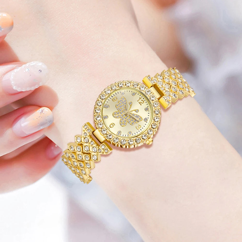4PCS Golden Butterfly Element Trendy Fashion Luxury Women's Quartz Watch Bracelet Set
