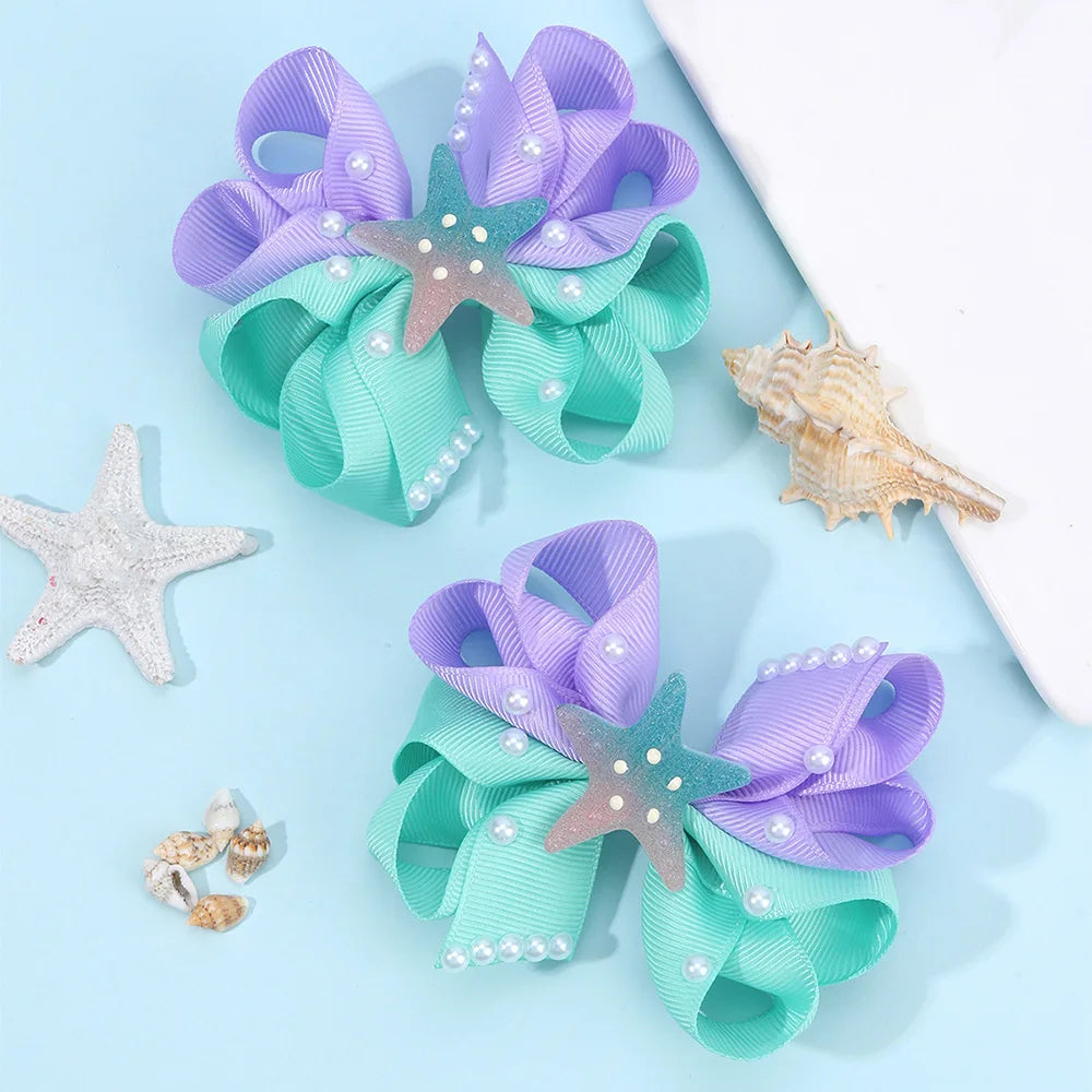 2Pcs Starfish Bow Hair Clips For Girls Sweet Ribbon Patchwork Cute Pearls Hairpins Kids School Trendy Headwear Accessories