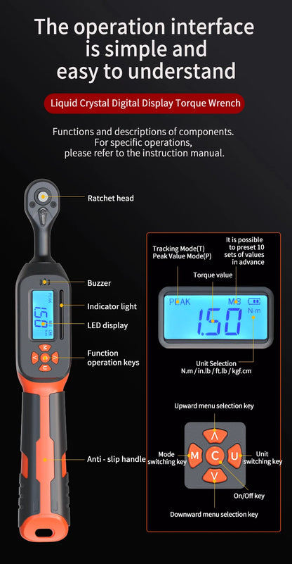 MOVECRAB Series Digital Torque Wrench 1.5-340N.m 2% Accuracy Preset Values with Buzzer, LED Flash & HandleVibration Notification