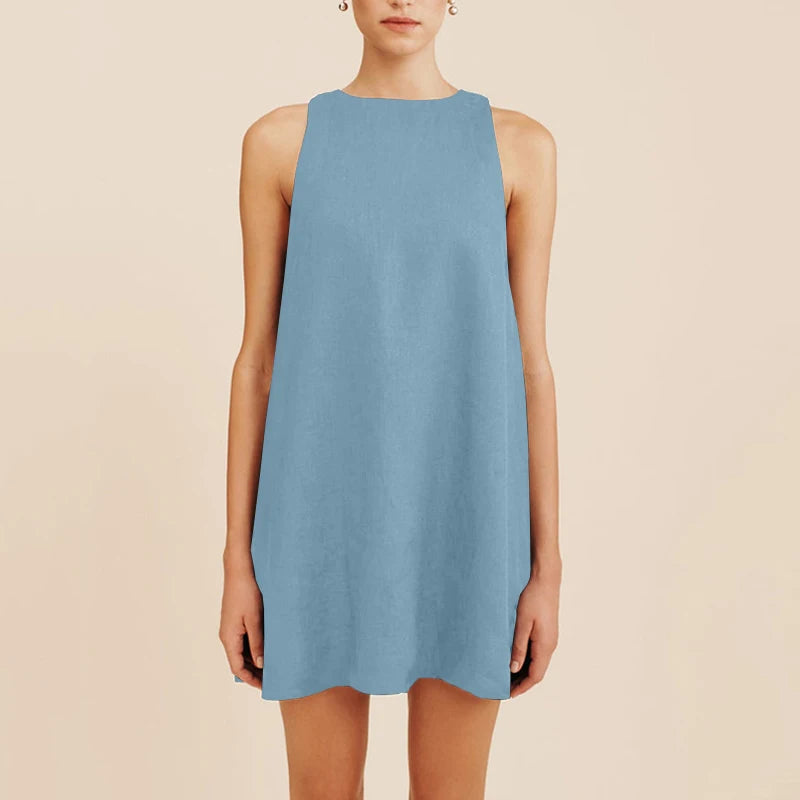 Classic Solid Color Cotton-Linen Women's Dress New Arrival Simple Sleeveless Tank Dress Casual Round-Neck Summer Dresses