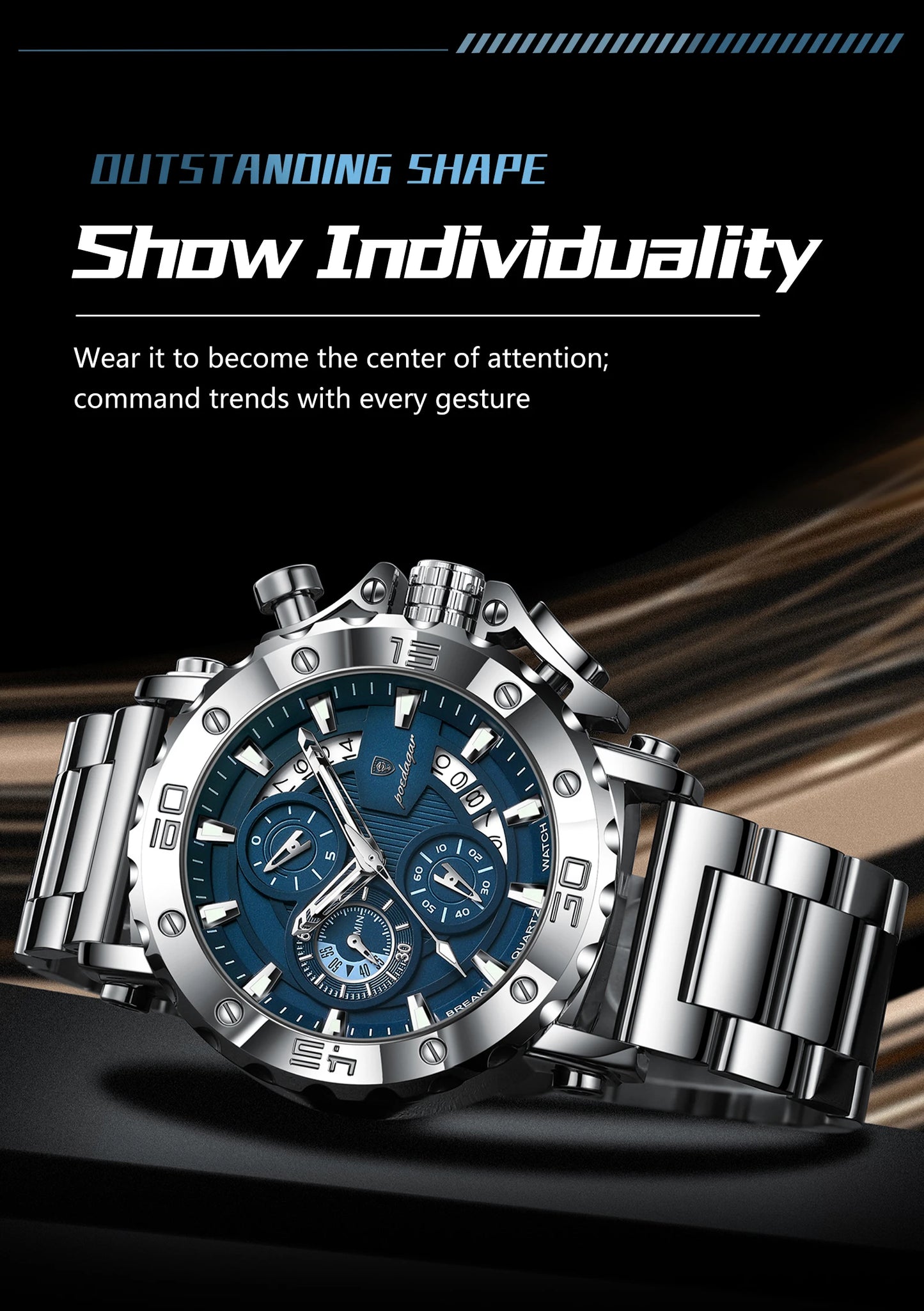 POEDAGAR Top Business Men's Wristwatch Luminous Waterproof Man Clock Chronograph Calendar Stainless Steel Quartz Watches For Men