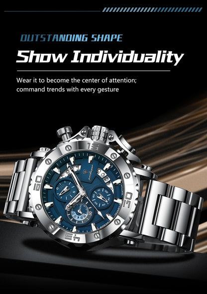 POEDAGAR Top Business Men's Wristwatch Luminous Waterproof Man Clock Chronograph Calendar Stainless Steel Quartz Watches For Men