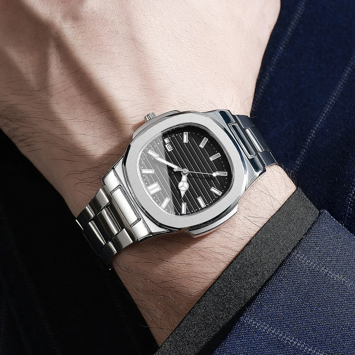 3PCS Fashion Men Business Watches Bracelet Necklace Set Square Dial Stainless Steel Band Quartz Watch with Calendar（Without Box）