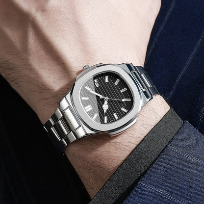 3PCS Fashion Men Business Watches Bracelet Necklace Set Square Dial Stainless Steel Band Quartz Watch with Calendar（Without Box）