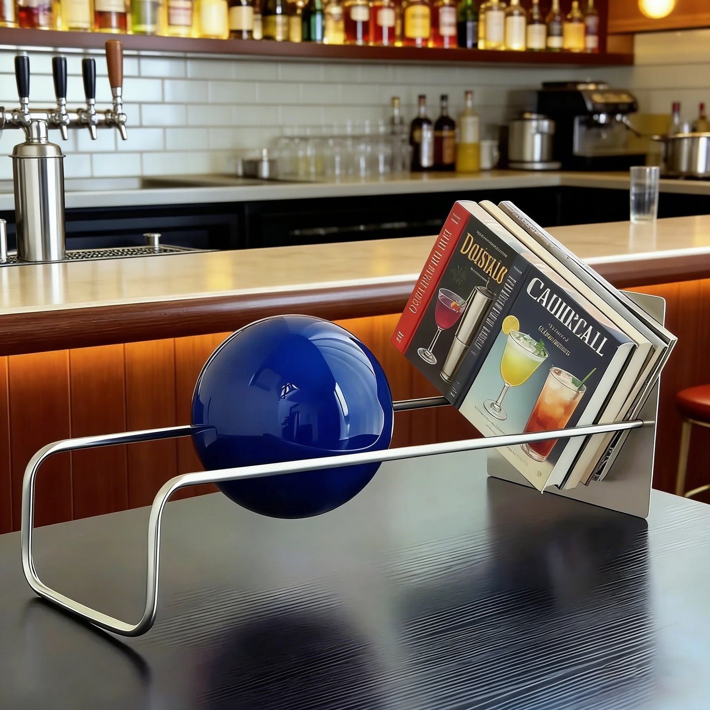 Mid-Century Modern Gravity Ball Book Holder, Bauhaus Inspired Desktop Organizer, Stylish Magazine Rack for Home Office
