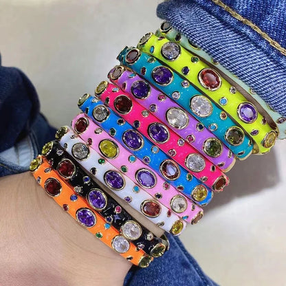 Fashionable Multicolor Gold Plated Gemstone Charm Bangle,Fine Colorful Enamel Open Adjustable Bracelet Jewelry Supply  Q35