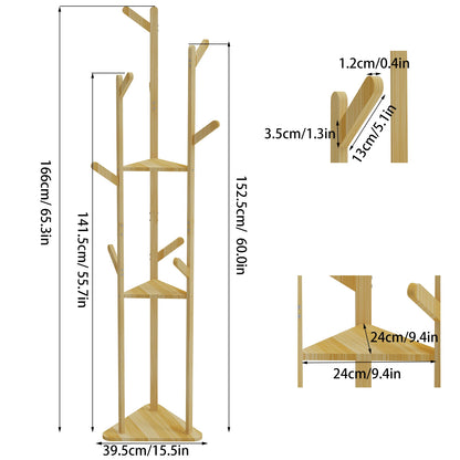 Bamboo Corner Tree Coat Rack Stand with Hooks And Shelves Clothes Hanger for Entryway Bedroom Organization