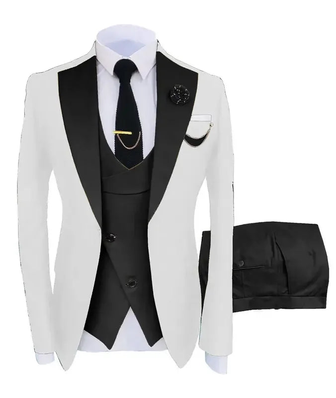 Men's Beige Three-Piece Formal Suit Set Shoulder-attached Collar Formal Wedding And Ball Suit Set Jacket+Vest+Pant