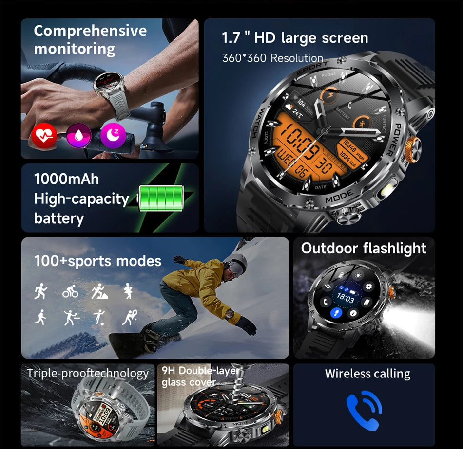 LIGE Military Smart Watch Men 1000mAh Battery Outdoors LED Flashlight Waterproof Heart Rate Sport BT Call 1.7" AMOLED Smartwatch