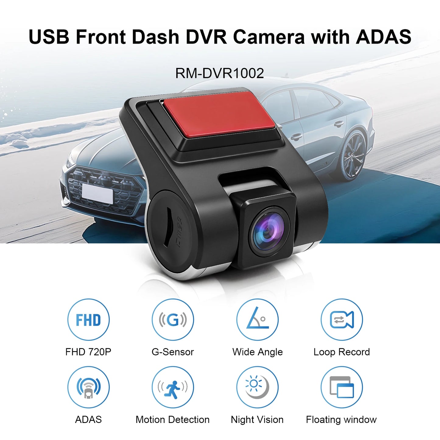 USB Front Dash Camera Universal Car DVR for Android System with ADAS Plug in the SD Card, Night Vision Loop Recording 1080P HD