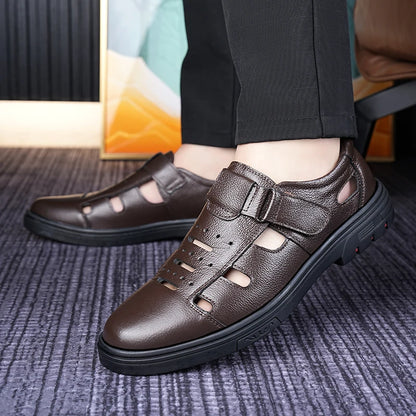 Men's Slip-On Loafers Summer Cowhide Breathable Leather Shoes Comfortable Wear-Resistant Anti-Slip Casual Footwear-705